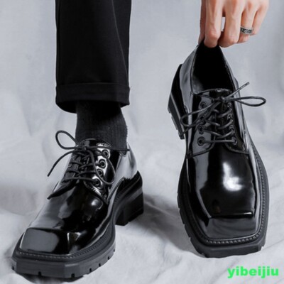 Fashion Square Toe Shiny Leather Shoes Mens British Business Derby Shoes Formal