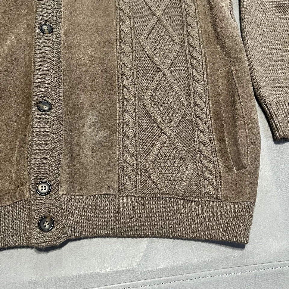 VTG Cable Knit Suede Pocket Cardigan Sweater Fisherman Preppy Grandpa-XL-8568 - Image 3 of 4