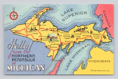 Postcard Hello from the Northern Peninsula of Michigan Linen