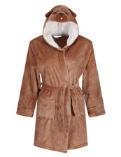 GIRLS DRESSING GOWN PUPPY DOG NOVELTY HOOD SOFT LUXURY PLUSH NIGHTWEAR 7-13Y NEW