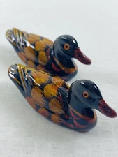 Two Vintage Wood Mandarin Duck Chopstick Rests Hand Painted Glazed Wood Ducks