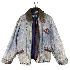 Men’s L Vintage 80s Acid Wash Denim Jacket Retro Jean Coat Classic Trim Look