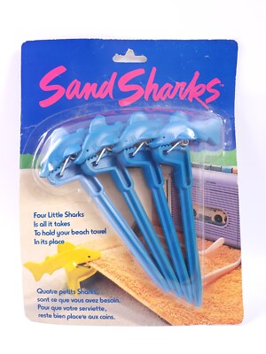 Vtg SAND SHARKS Sand Spikes (4x) Holds Beach Towel in Place - NEW 