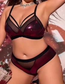 Sexy Rose Pink Lame’ & Black Mesh Lingerie Set 4x Cage Bra & Full Back Panty NEW