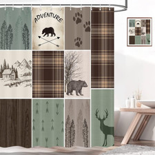 Cabin Retro Rustic Lodge Shower Curtain, Bear Deer Country Hunting Wild Animal F