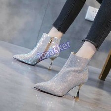 Women Rhinestones Ankle Boots High Heels Pointed Toe Stilettos Formal Shoes Size