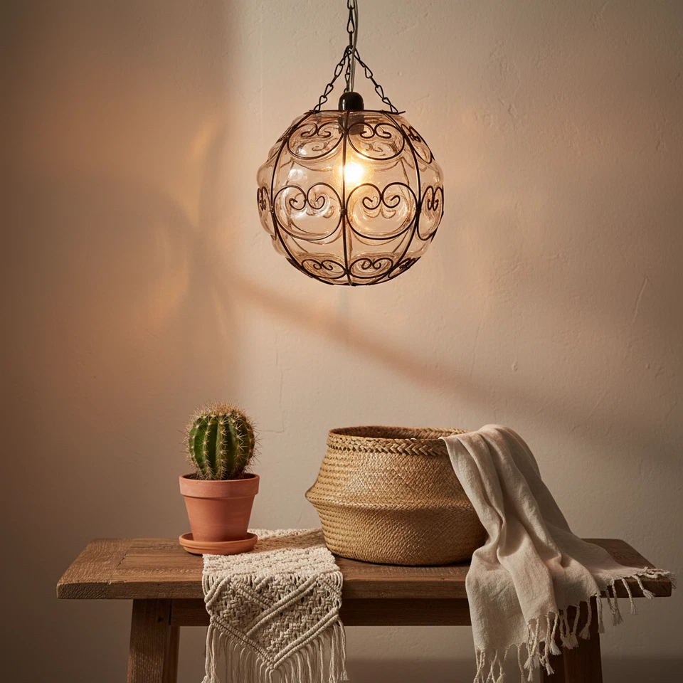 B99 Mouth-Blown Clear Glass Ball Pendant with Wrought-Iron Frame Hanging Lamp - Image 2 of 3