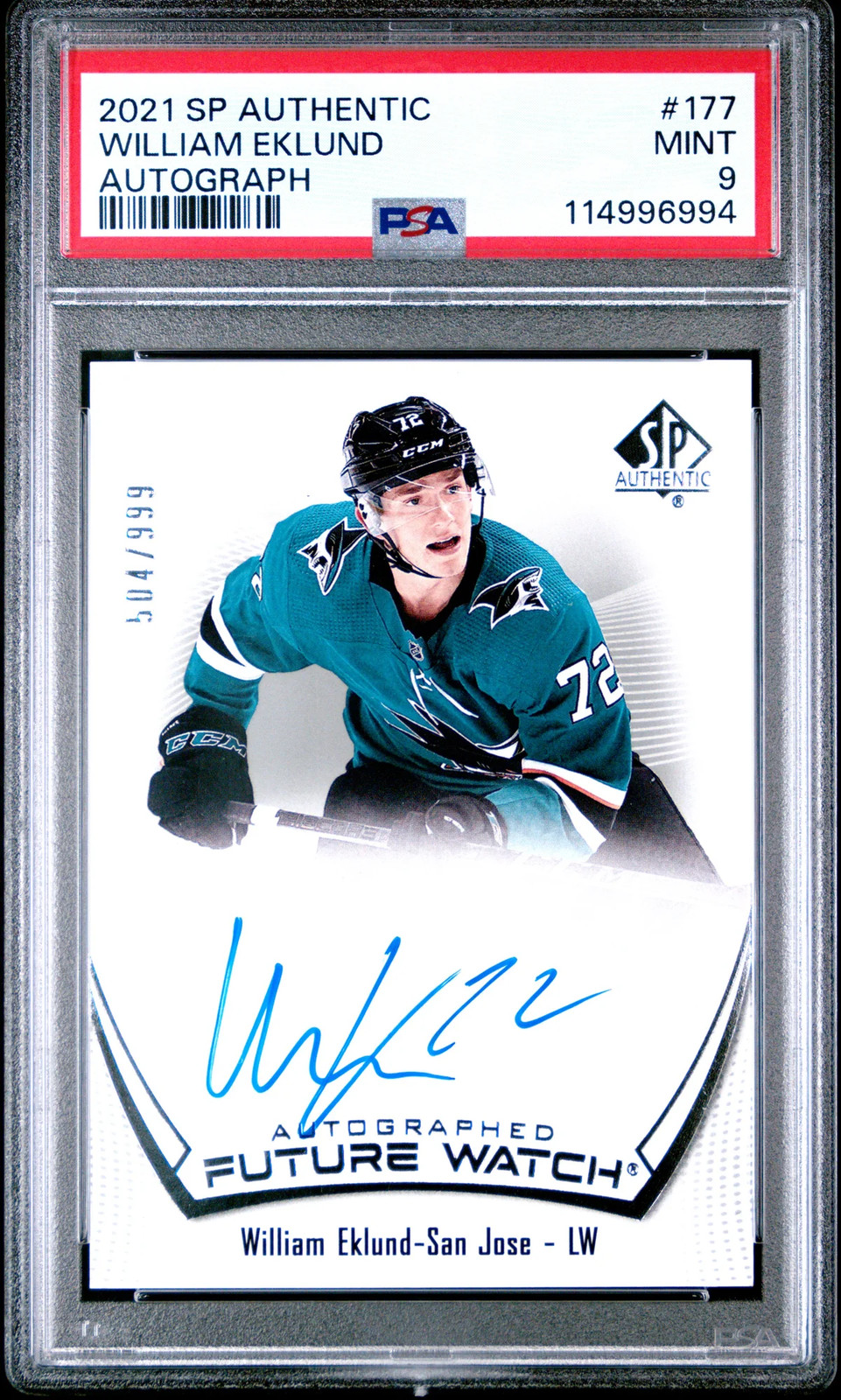 2021-22 UD SP Authentic William Eklund Future Watch Rookie Auto /999 #177 PSA 9