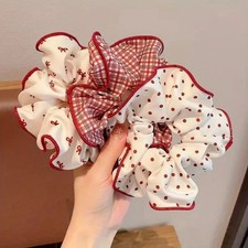 3pcs High-End Red Plaid Scrunchies Cute Dot Pattern Soft Elastic Hair Ties.