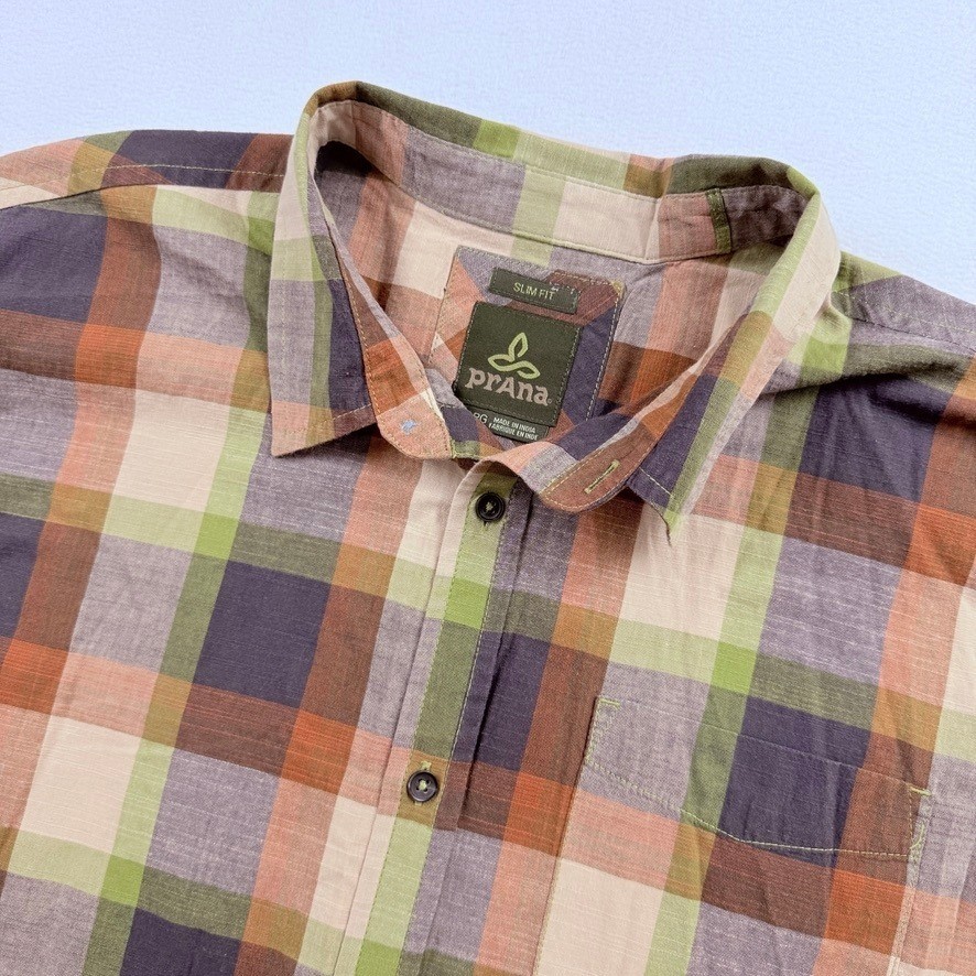 Prana Button Down Shirt Mens XL Brown Olive Plaid Slim Fit Short Sleeve Earthy
