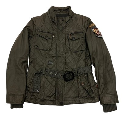 Khujo Quilted Jacket Womens Size L Green Belted Biker Military Style Coat