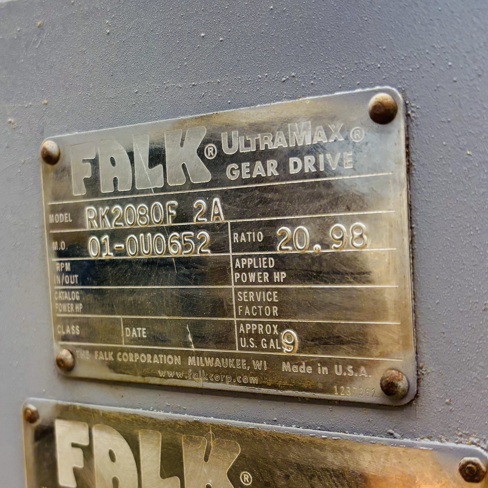 Falk UltraMax Gear Drive RK2080F-2A Ratio 20.98 9 Gal 1750 RPM Industrial Reduce
