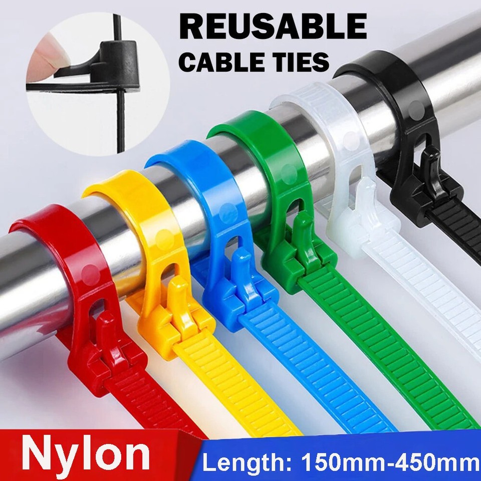 Releasable / Reusable Ties Cable Black White Colour Nylon Plastic Zip ...