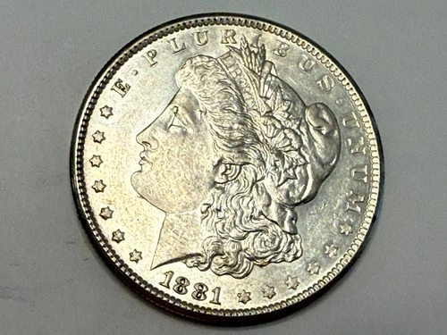 1881-S Morgan U.S. silver dollar. Semi-prooflike choice AU-UNC slider. #eL1