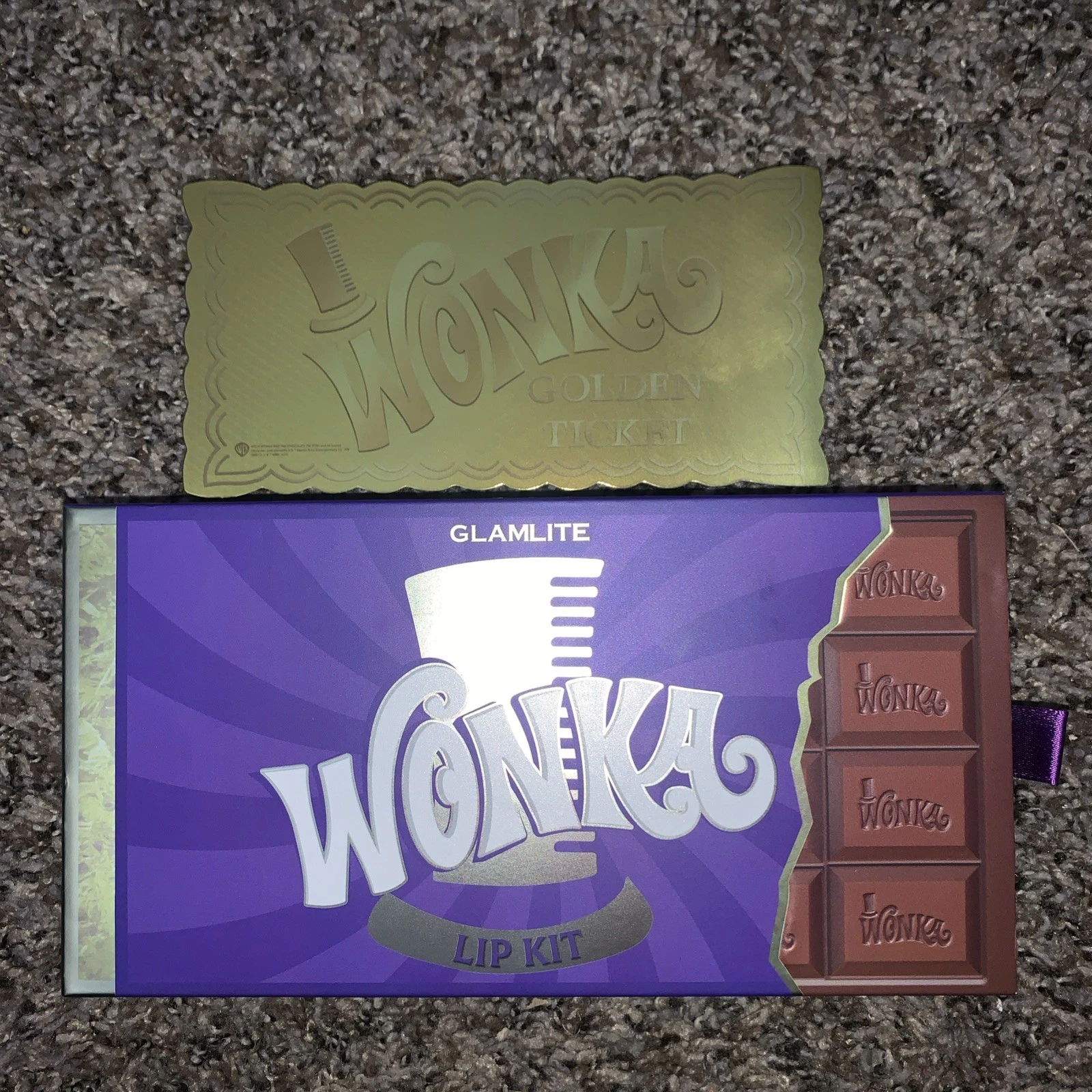 GLAMLITE Willy Wonka 3PC Lip Kit Liner, Gloss & Lipstick & Golden Ticket NIB