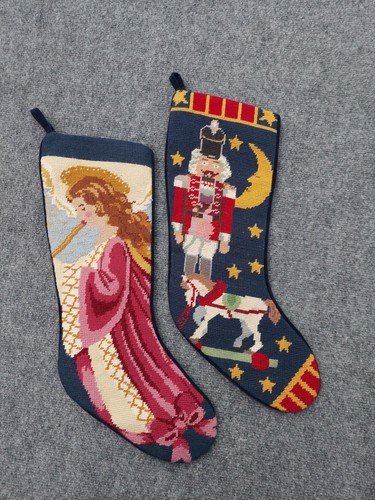 Lot 2 Vtg Wool Needlepoint Stocking Christmas Holiday Velvet Nutcracker Angel
