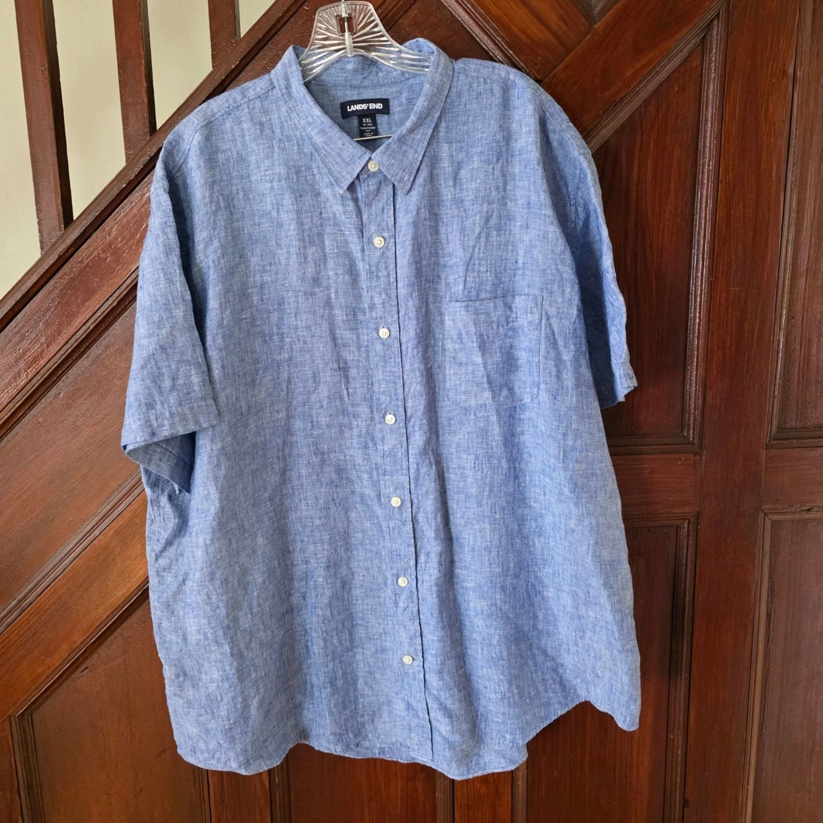 Lands End Mens Traditional Fit Short Sleeve Linen Shirt XXL Blue