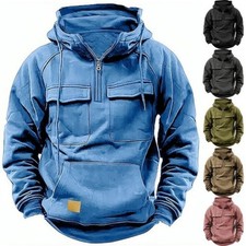 Mens Cargo Hoodies Tops Combat Work Military Solid Baggy Zip Hooded Sweatshirt