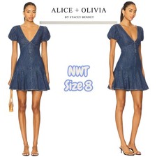 Alice + Olivia Fara Puff Sleeve Denim Mini Dress Cambria Vintage NWT $495 Sz 8 