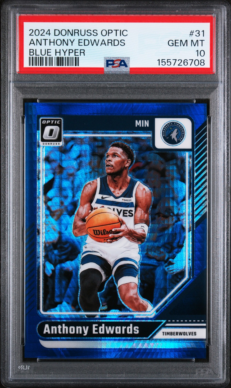 2024 PANINI DONRUSS OPTIC BLUE HYPER #31 ANTHONY EDWARDS 85/175 PSA 10 view 1