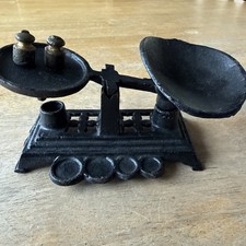 Vintage Mini Cast Iron Balance Scale with 2 Weights & Scoop – Collectable
