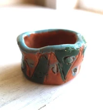 Child Art School Student Pottery Pinch Pot Tiny Trinket Bowl Hand Built Incised