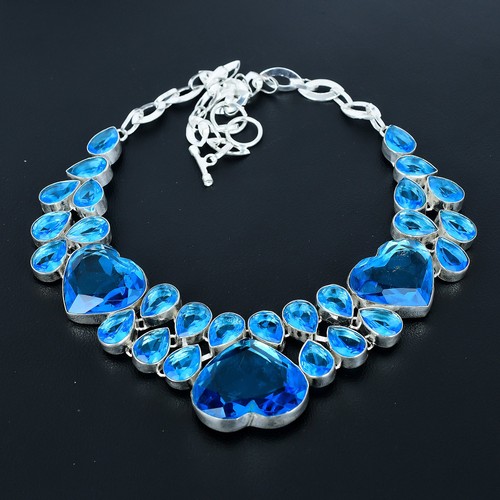 London Blue Topaz Gemstone Gift 925 Sterling Silver Jewelry Necklace 18" VJ 1214 - Picture 2 of 5