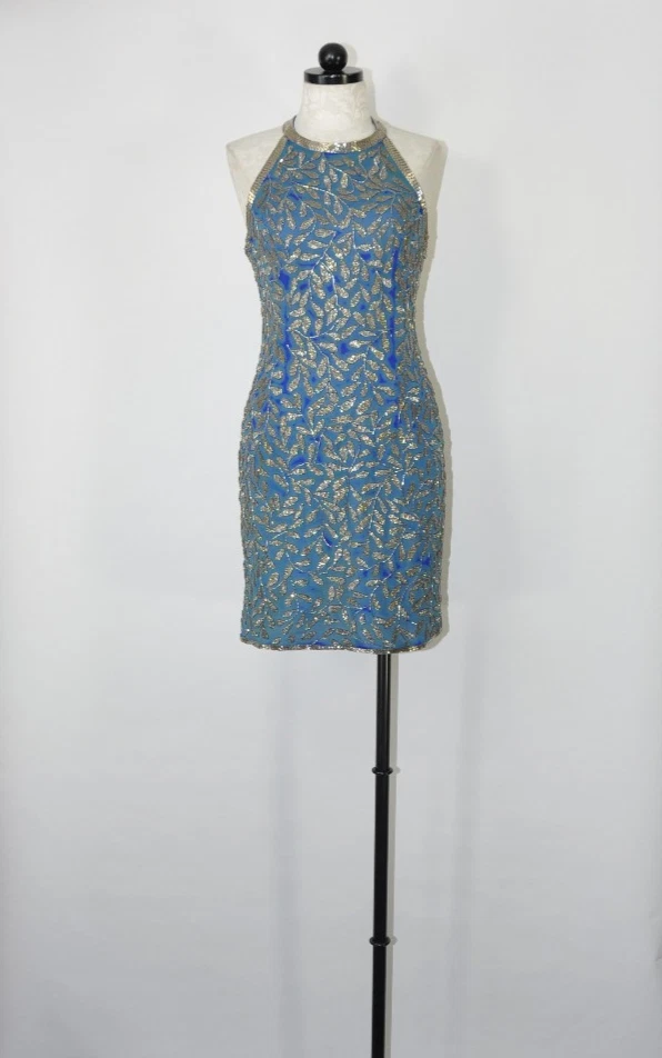 Mini Vestido Halter Sin Espalda Hojas Joyas Cuentas Plata Azul Seda Años 80 De Colección S Foto 4 de 4