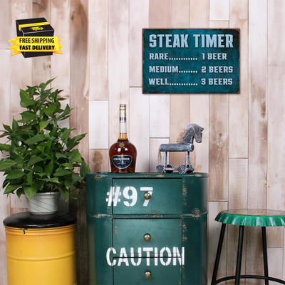 Cartello Metallico Divertente Steak Timer – Latta Vintage 20x30 Cm, Scritta Birra, Decorazione Per Cucina, Bar, Man Cave