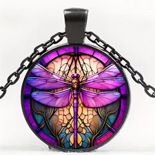 Dragonfly Round Necklace Purple Jewelry Nature Bug Pendant B