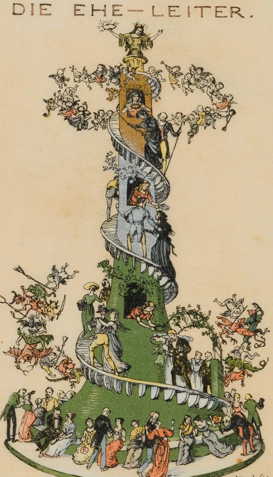 A. WELTI (1862-1912), Die Ehe-Leiter. Tischkarte, 1899, Holzschnitt Biedermeier - Bild 3 von 4