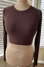Naked Wardrobe Crop Ribbed Long Sleeve Top Made in USA Brown L