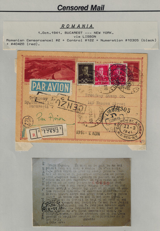 WWII 1941 Registered Romanian Postcard w/ Bermuda Red Number Censor on Back