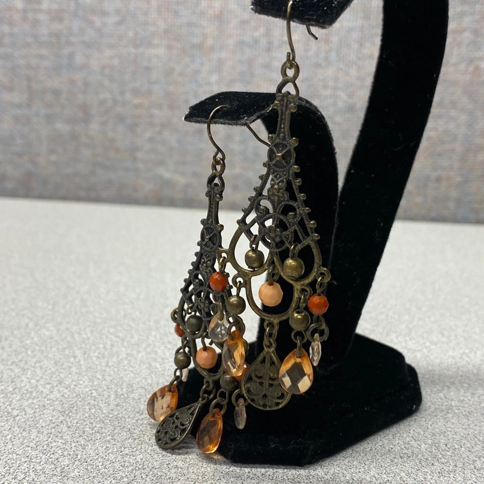 Brincos lustre boêmio tom bronze laranja pedra preciosa gota pendurada Fairycore - Imagem 3 de 4