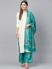 Women Pure Cotton 3/4 Sleeve Round Neck Daily Wear Kurta Palazzo With Duppata