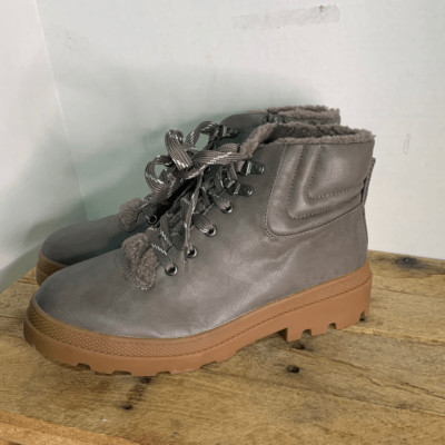 Nordstrom rack grey lug boots  lace up side zipper faux Sherpa