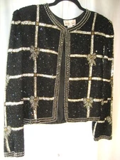 Laurence Kazar Beaded Jacket Bows Formal 100% Silk Fully Lined SzXL Heavy Classy