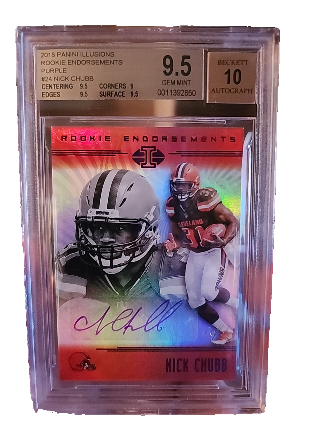 2018 Panini Illusions Rookie Endorsements Purple Nick Chibb 1/1 GEM MINT 9.5