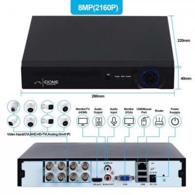IDOME CCTV HEIMSICHERHEIT 5 IN 1 DVR 8-Kanal ULTRA HD 4K 8MP KAMERA KIT UK