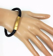NEW STAINLESS STEEL BRUSHED GOLD TONE+BLACK BRAIDED LEATHER BANGLE BRACELET 