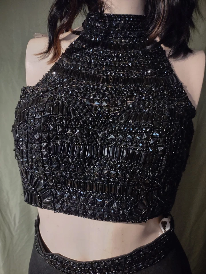 Talla 2 Sherri Hill Vestido Dos Piezas Cuentas Cuello Alto Top Largo Satén Baile de graduación/Formal Foto 4 de 4