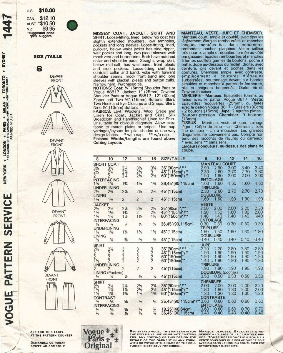 1980's VOGUE Coat,Jacket,Skirt,Shirt Christian Dior Pattern