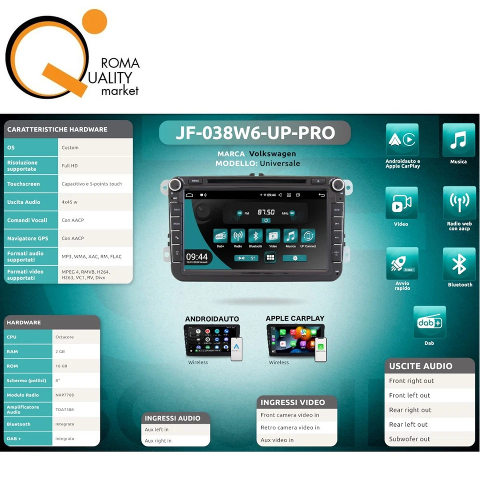 Jfsound JF-038W6-UP PRO autoradio car tablet fit SEAT ALTEA - LEON Android 8" - Immagine 4 di 4