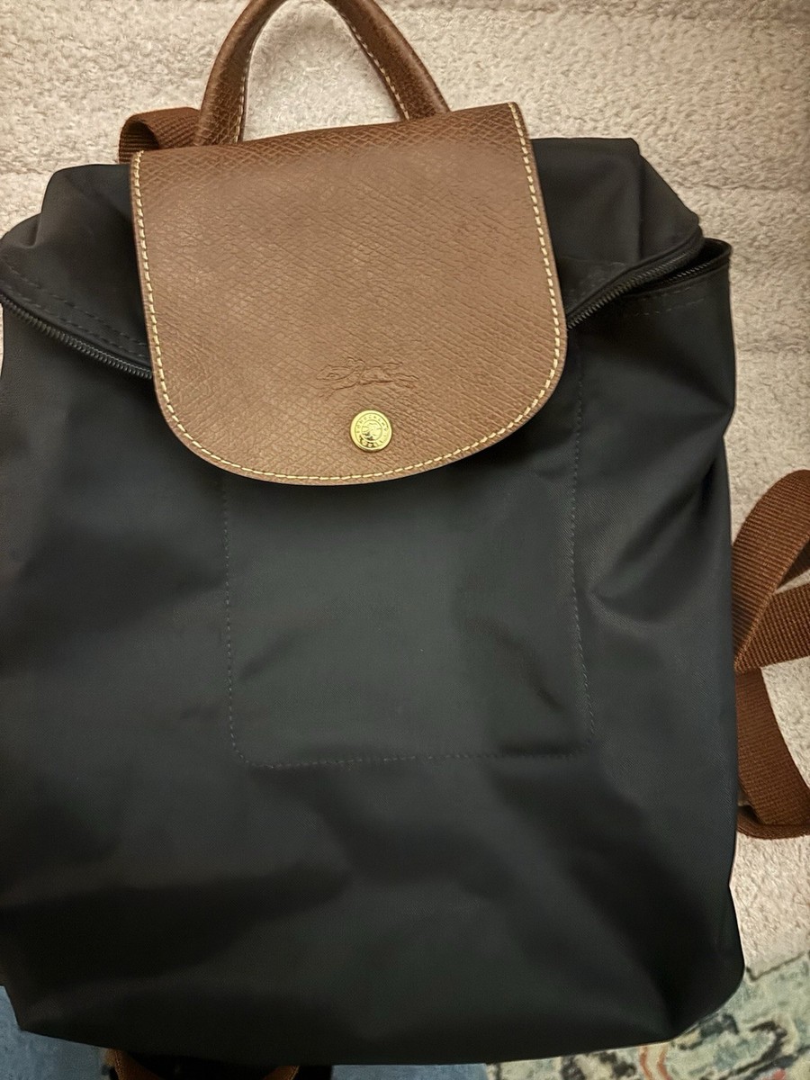 Longchamp Le Pliage Nylon Backpack Black Brown Leather Flap  display picture 3