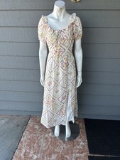 White Floral Midi Dress Puff Short Sleeve Ruffle Tie Front Side Slit Lined