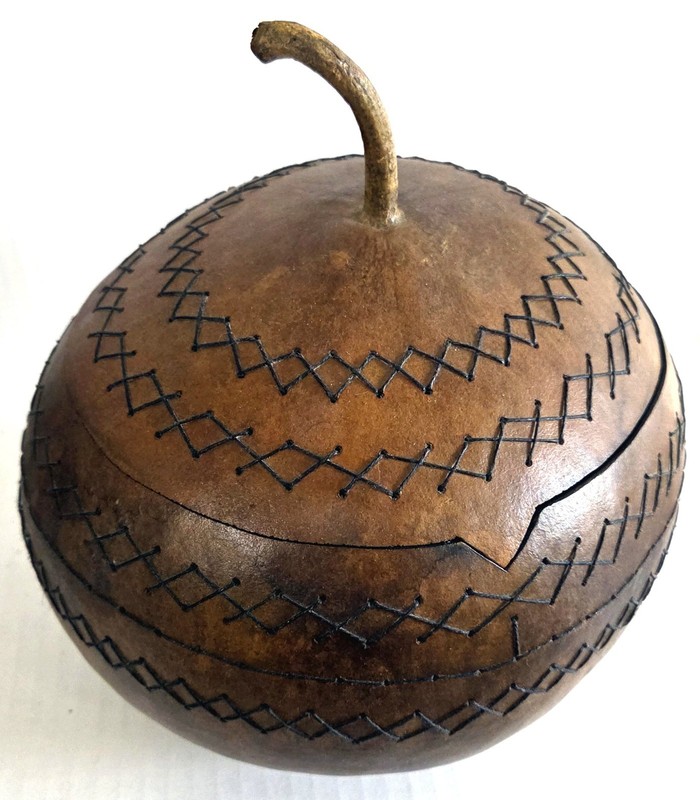 Vintage Hand-crafted African Woven Geometric Calabash Gourd Bowl with Lid 9"W