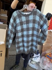 Vintage Perry Ellis Portfolio Wool Sweater Blue Gray Check Knit Size S