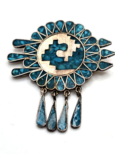 Vtg. Rafael Dominguez Taxco Sterling Silver Turquoise Inlaid Brooch