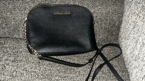 Michael Kors Saffiano Leather Dome black & gold crossbody Clamshell Purse