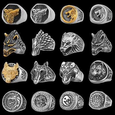 Stainless Steel Wolf Head Ring Viking Nordic Amulet Statement Band Rings